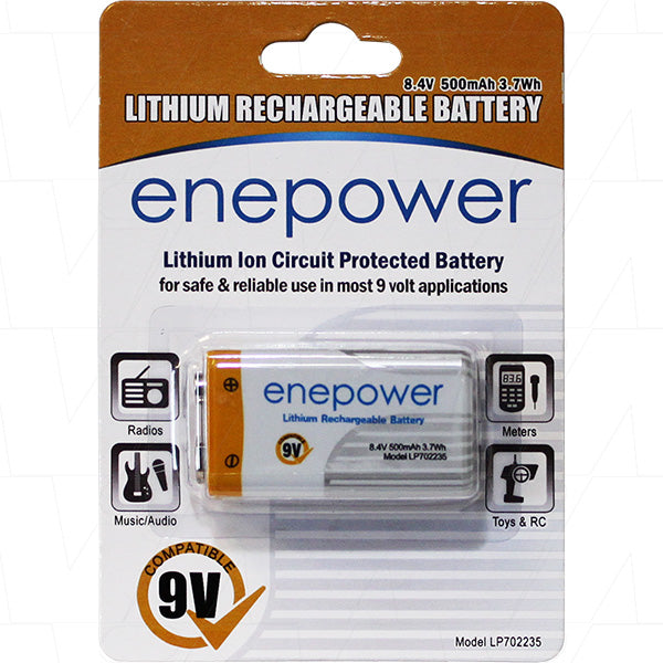 9V SIZE Polymer Lithium Ion Battery (LiPo) LiIon Rechargeable BATTERY 500mAh ENEPOWER